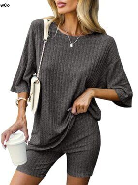 2 Piece Lounge Set Ribbed Knit Oversized Tee with Biker Shorts